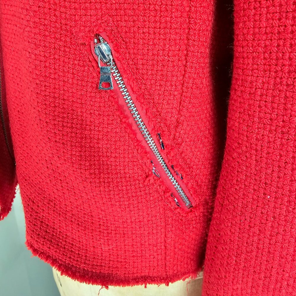 Gap Red Textured Moto Jacket Raw Edge Cropped Size 12 - Picture 9 of 13